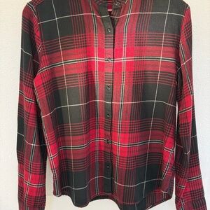 Express Red Black Plaid Blouse Size M Ruffle Collar Button Front Shirt